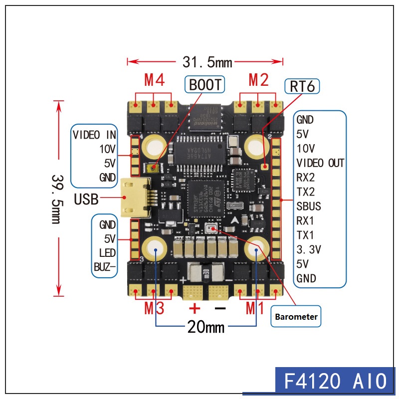 F411 35A 3-6S AIO Integrated Board 20x20 FPV Drone Dual BEC Black Box